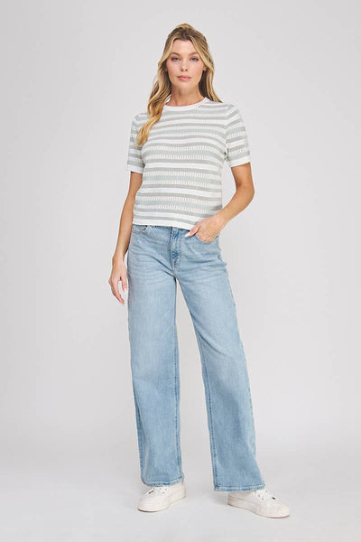 Sage Stripe Short Sleeve Color Block Knit Top