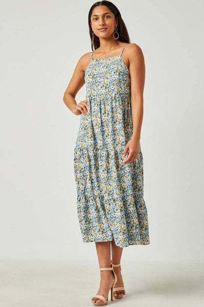 Blue Smocked Back Tiered Midi Dress