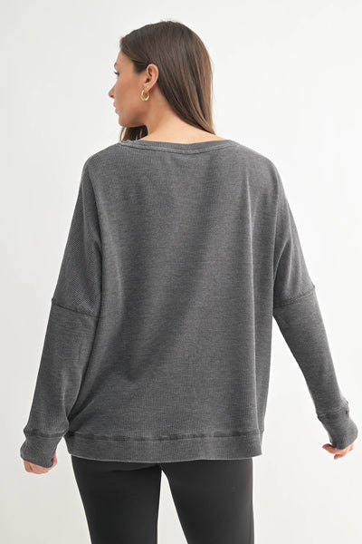 Black Mineral Wash Waffle Ribbed Pullover