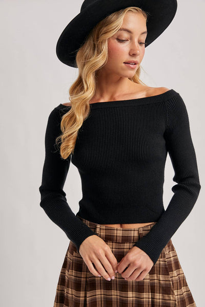 Black Off Shoulder Ribbed Knit Top