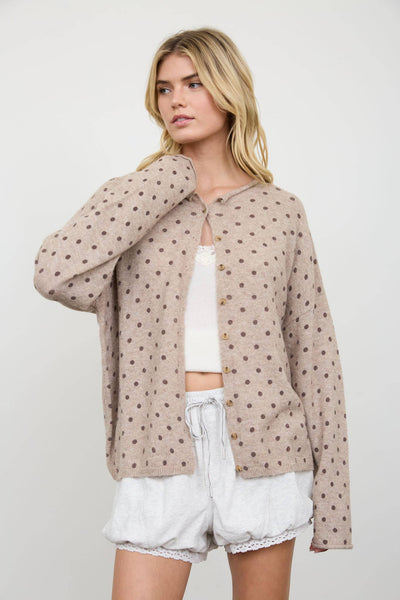 Polka Dot Button Down Raw Edge Knit Cardigan