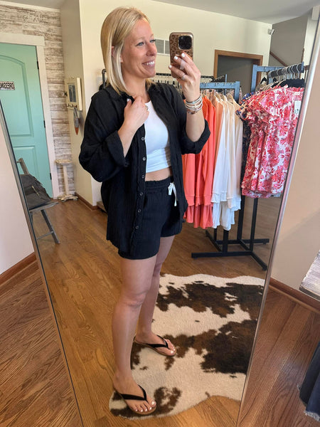 Black Linen Button Down Top