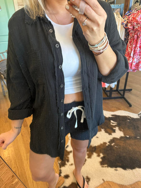 Black Linen Button Down Top