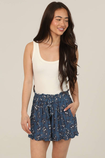 Navy Floral Printed Paper Bag Shorts