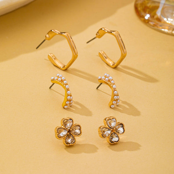Gold Floral Gem Pearl Hoop Trio Earrings