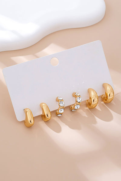 Gold Rhinestone Geo Puffy Hoop Trio