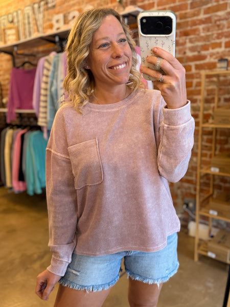 Mauve Mineral Wash Pocket Long Sleeve Knit Top