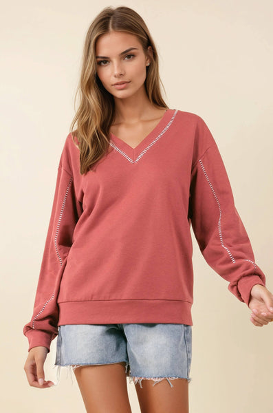 Burnt Amber French Terry V-Neck Sweatshirt