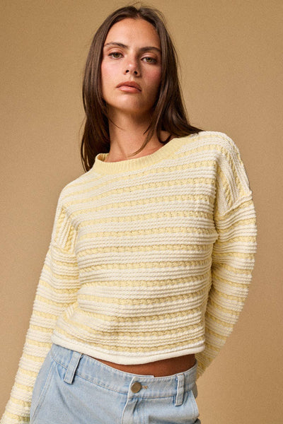 Yellow Textured Stripe Cropped Knit Top