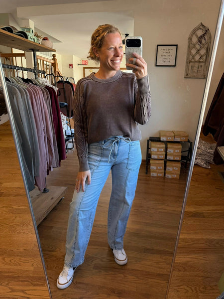 Exposed Stitch Detail Drawstring Barrel Jeans