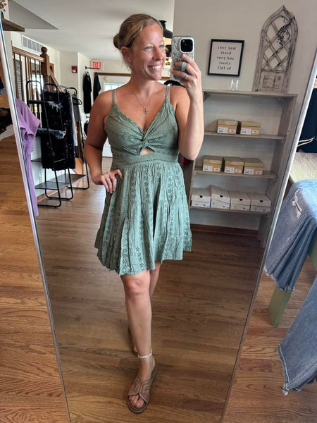 Olive Eyelet Embroidered Twist Front Cutout Sundress