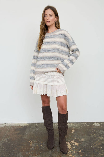 Light Gray and Mocha Heathered Stripe Knit Sweater
