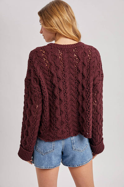 Maroon Button Open Knit Sweater
