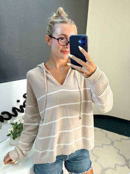 Taupe & Cream Stripe Hooded Sweater