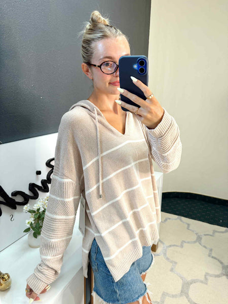 Taupe & Cream Stripe Hooded Sweater