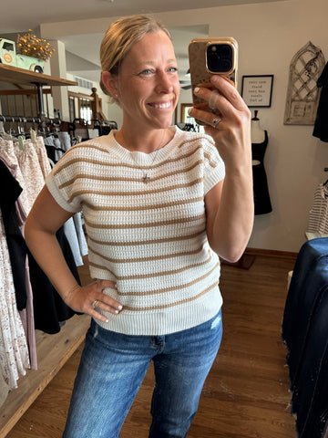 Taupe Stripe Crochet Short Sleeve Top