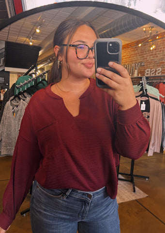 Burgundy V-Neck Textured Top