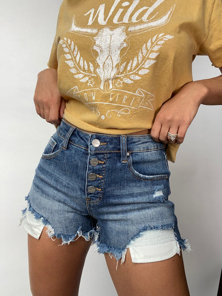 Risen Mid-Rise Button Fly Denim Shorts