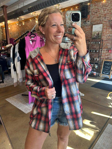 Red & Tan Plaid Hooded Shacket