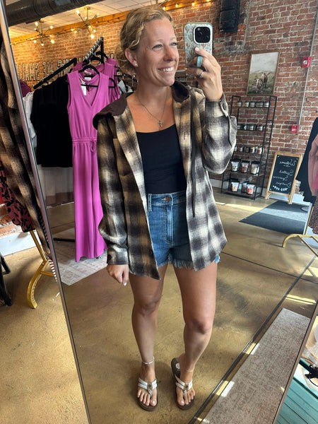 Honey Brown Plaid Hooded Shacket