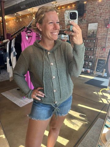 Olive Crochet Button Hooded Top