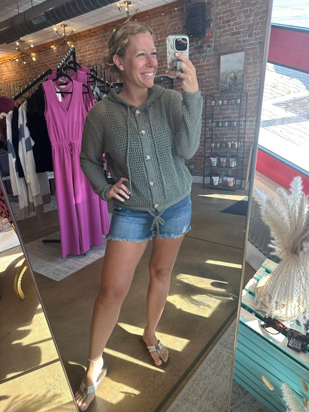 Olive Crochet Button Hooded Top