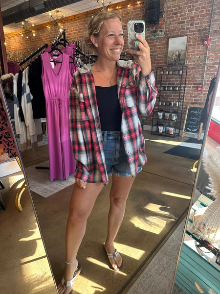 Red & Tan Plaid Hooded Shacket