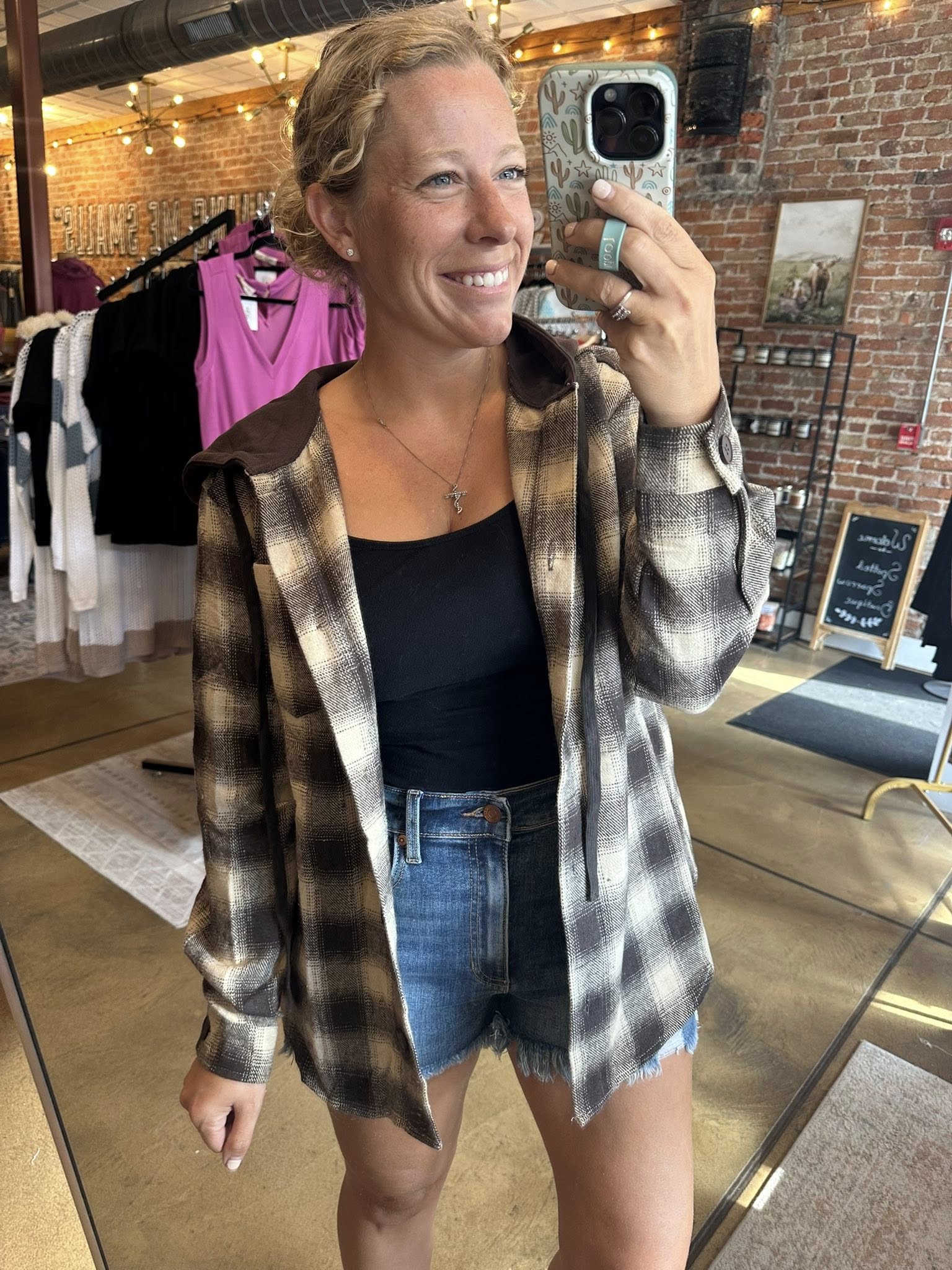 Honey Brown Plaid Hooded Shacket