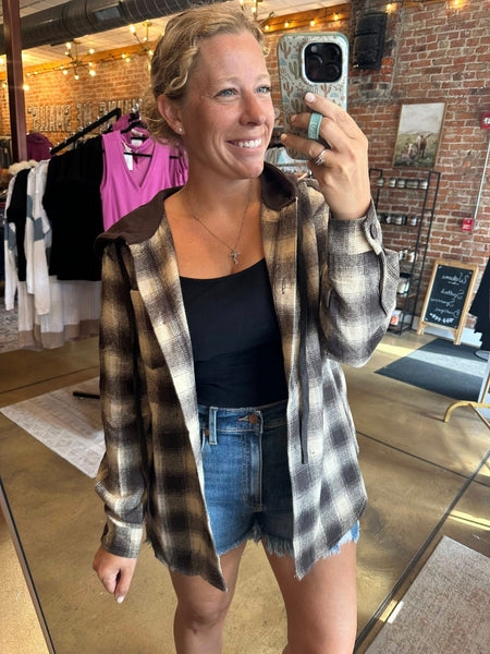 Honey Brown Plaid Hooded Shacket