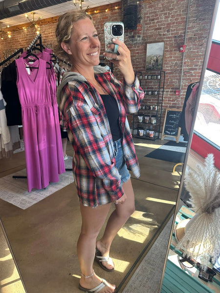 Red & Tan Plaid Hooded Shacket