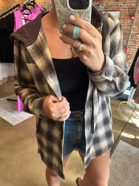 Honey Brown Plaid Hooded Shacket