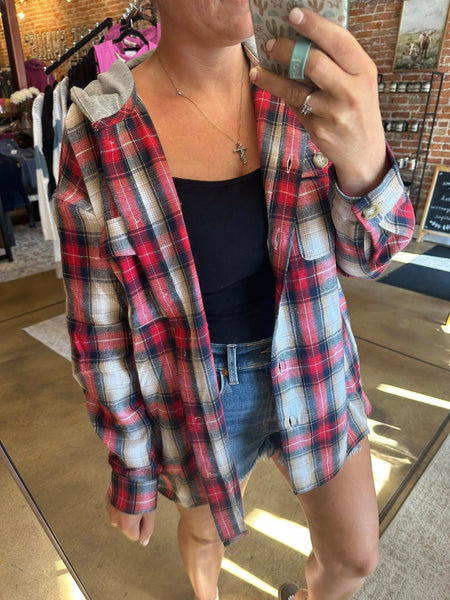 Red & Tan Plaid Hooded Shacket