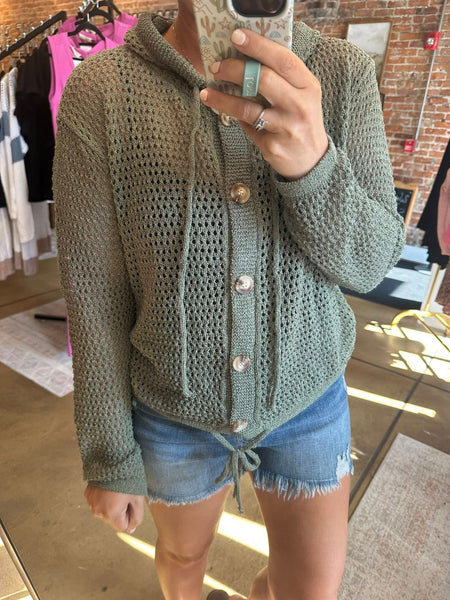 Olive Crochet Button Hooded Top