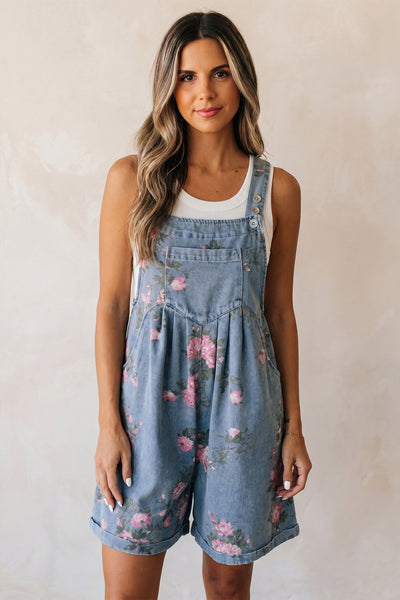 Floral Print Denim Overalls