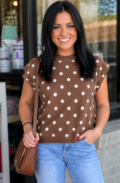 Brown Polka Dot Short Sleeve Sweater
