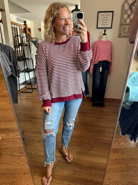 Burgundy Striped Ribbed Oversized Top