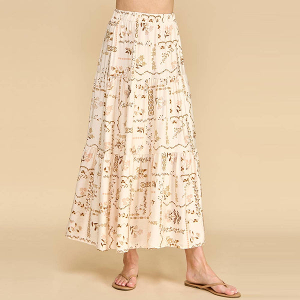 Cream Floral Patchwork Tiered Maxi Skirt