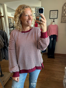 Burgundy Striped Ribbed Oversized Top