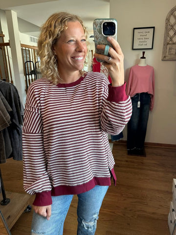 Burgundy Striped Ribbed Oversized Top