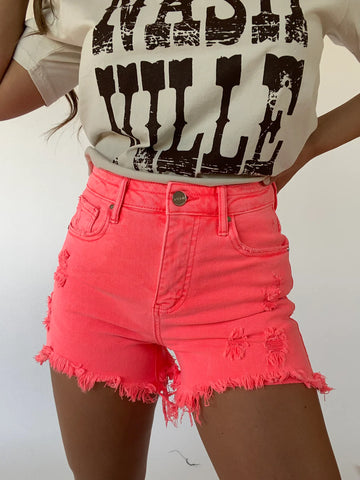 Risen Coral Distressed Shorts