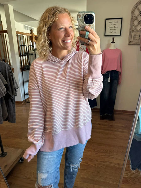 Dusty Lavender Stripe Thumbhole Side Slit Hoodie