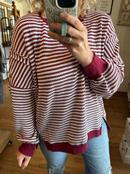 Burgundy Striped Ribbed Oversized Top