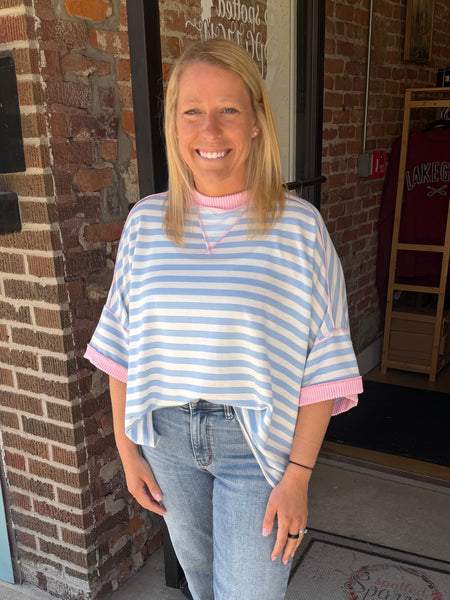 Light Blue & Pink Stripe Pullover Top