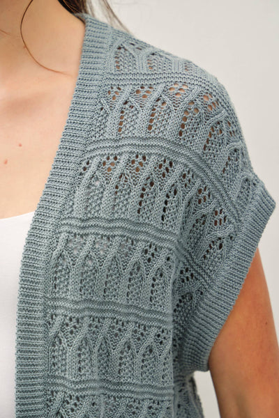Teal Crochet Knit Short Sleeve Open Front Cardigan