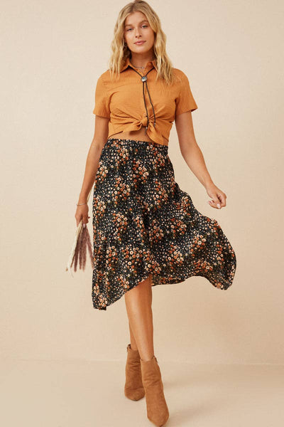 Black Floral Print Asymmetric Midi Skirt