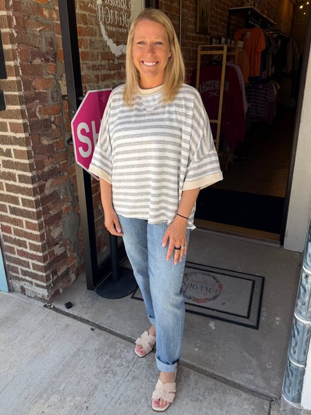 Heather Grey & Oatmeal Stripe Pullover Top