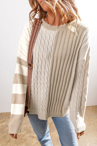 Khaki Cable Knit Color-Block Sweater