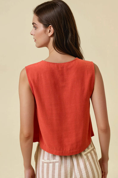 Coral Button Front Cropped Tank Top