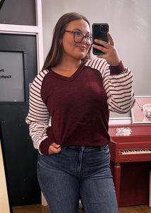 Burgundy & Ivory Striped V-Neck Top (S-3XL)