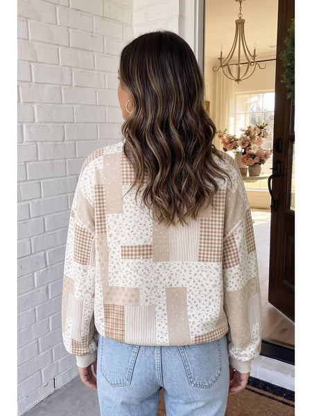 Khaki Patchwork Mock Neck Sweatshirt